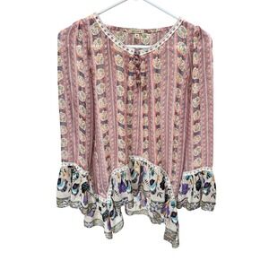 Anama Blouse Women M Pink Floral Paisley Boho Peplum Lace Bell‎ Sleeve Sheer